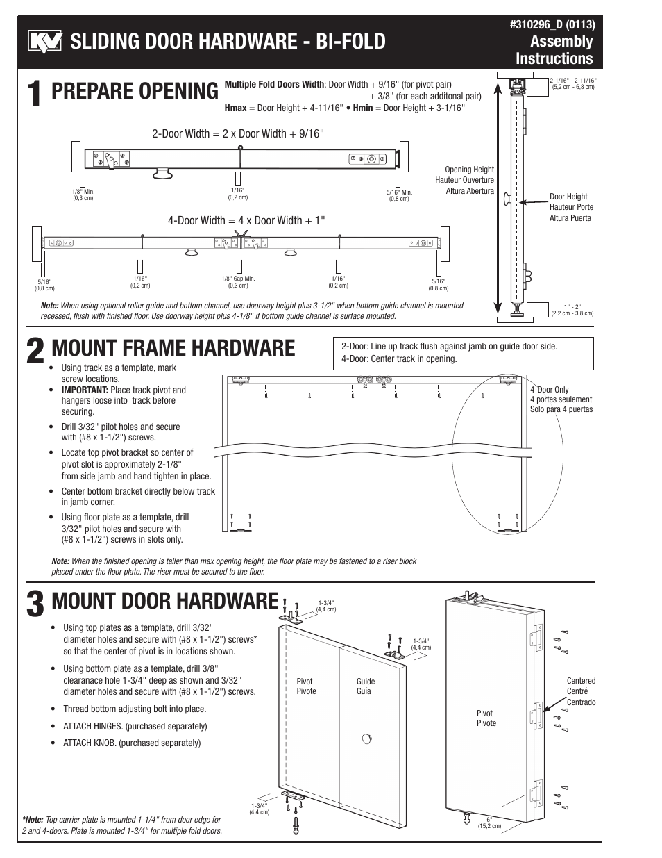 Prepare opening mount frame hardware, Mount door hardware, Sliding door hardware - bi-fold | Assembly instructions | Knape&Vogt BIF-100A Series User Manual | Page 2 / 4