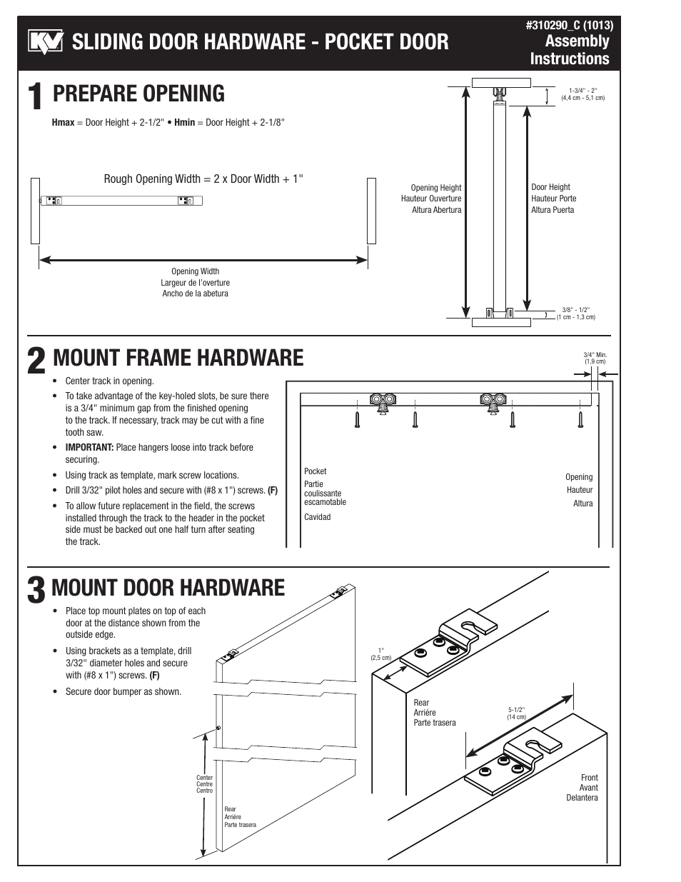 Prepare opening mount frame hardware, Mount door hardware, Sliding door hardware - pocket door | Assembly instructions | Knape&Vogt PKT-75A Series User Manual | Page 2 / 4