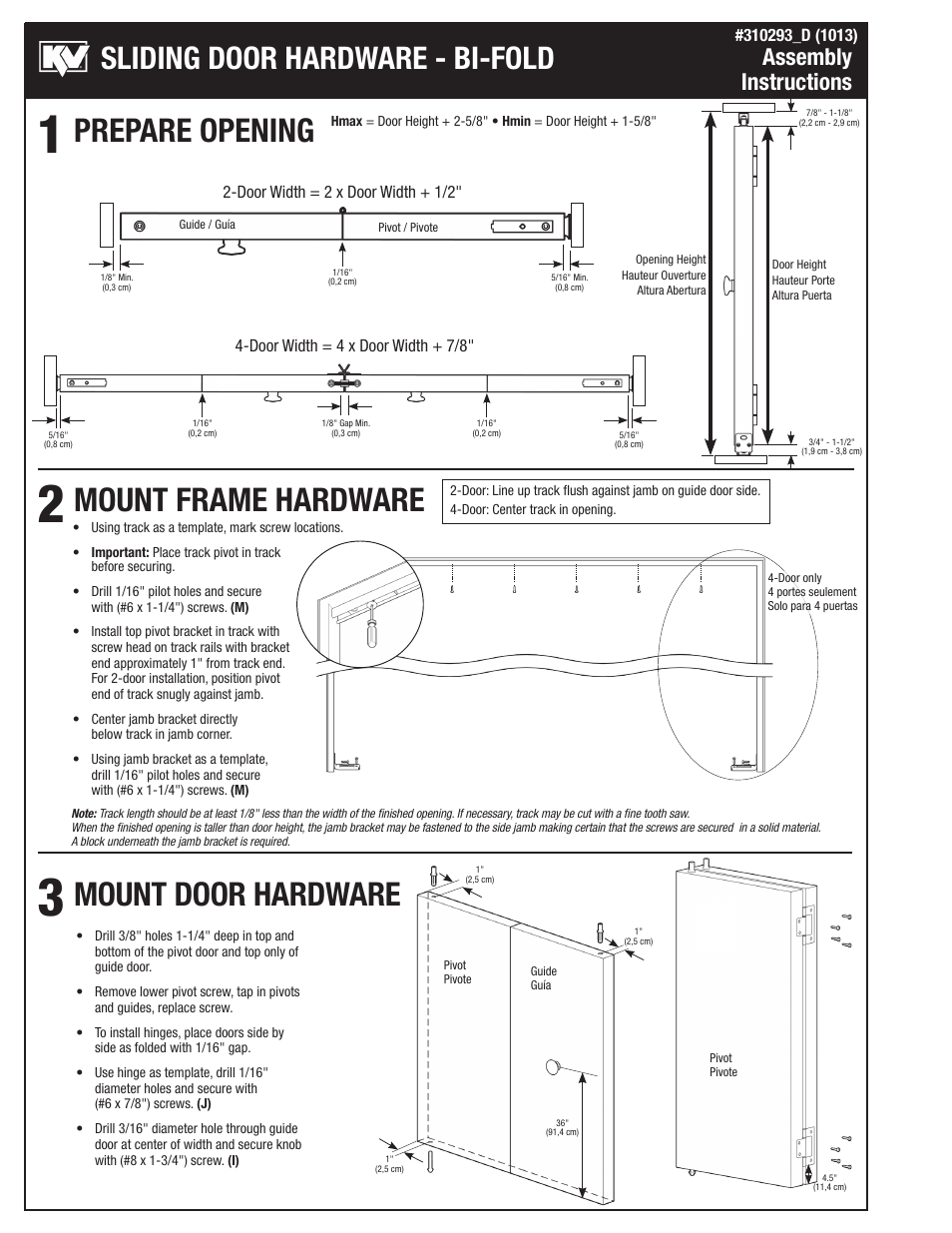 Prepare opening mount frame hardware, Mount door hardware, Sliding door hardware - bi-fold | Assembly instructions | Knape&Vogt BIF-20S Series User Manual | Page 2 / 4