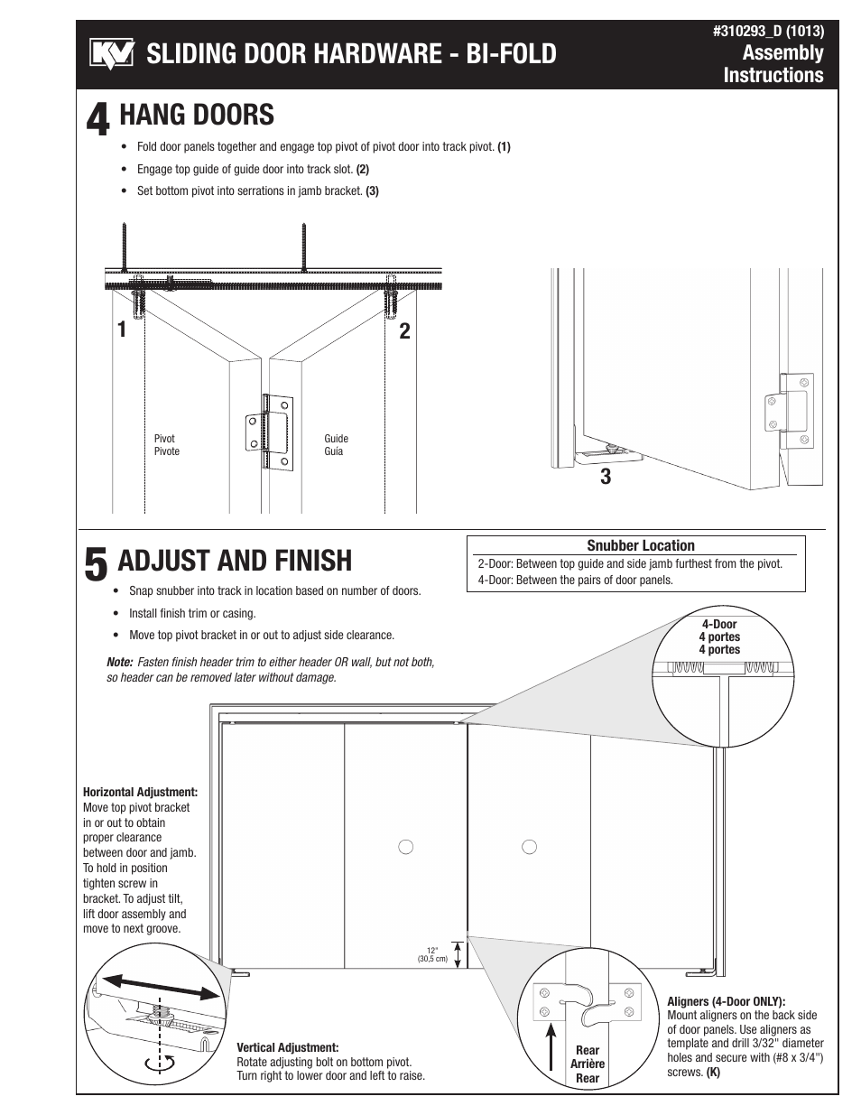 Hang doors adjust and finish, Sliding door hardware - bi-fold, Assembly instructions | Knape&Vogt BIF-20S Series User Manual | Page 3 / 4