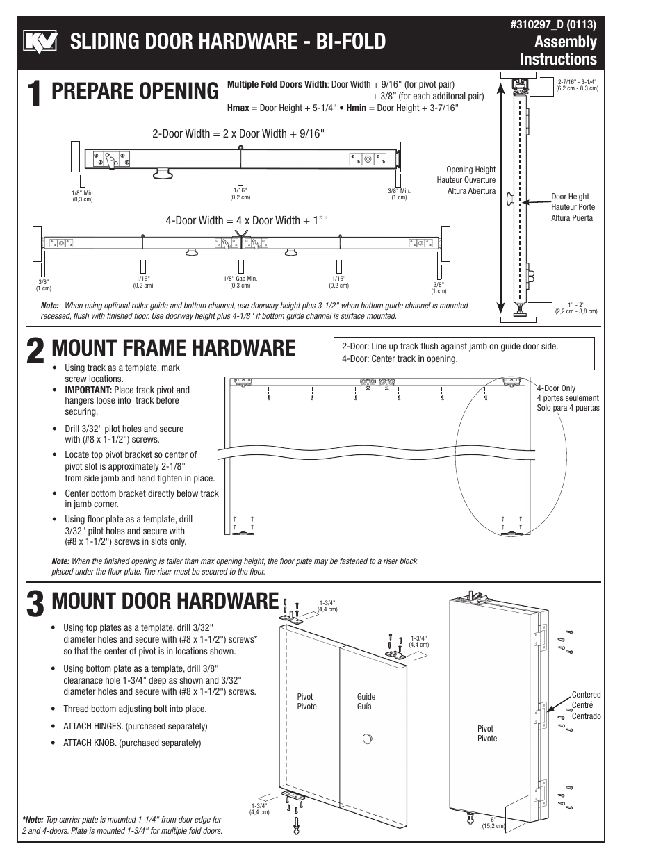 Prepare opening mount frame hardware, Mount door hardware, Sliding door hardware - bi-fold | Assembly instructions | Knape&Vogt BIF-125A Series User Manual | Page 2 / 4