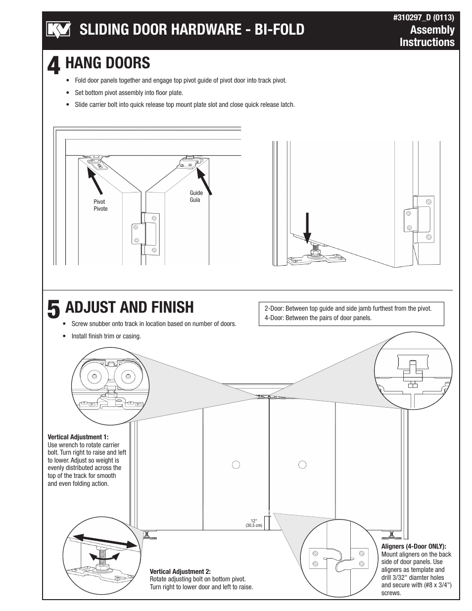 Hang doors adjust and finish, Sliding door hardware - bi-fold, Assembly instructions | Knape&Vogt BIF-125A Series User Manual | Page 3 / 4