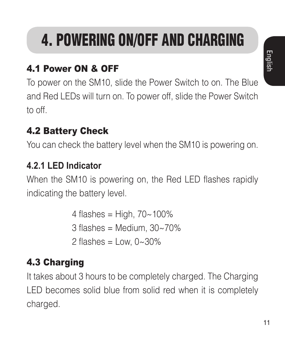 Powering on/off and charging | Sena Bluetooth SM10 v1.1 User's Guide User Manual | Page 11 / 36