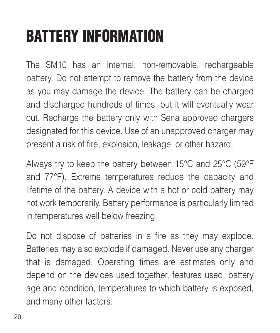 Battery information | Sena Bluetooth SM10 v1.1 User's Guide User Manual | Page 20 / 36