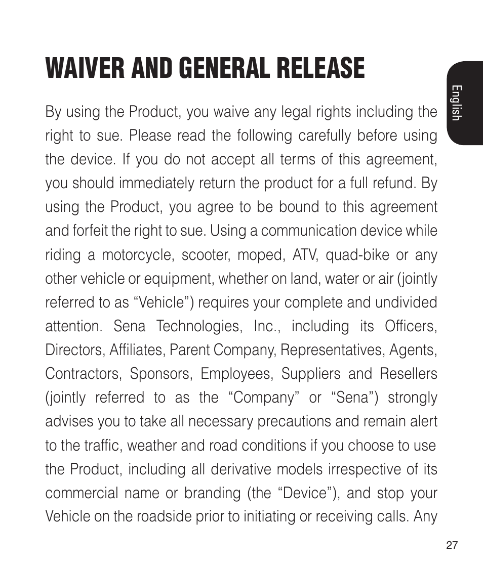 Waiver and general release | Sena Bluetooth SM10 v1.1 User's Guide User Manual | Page 27 / 36