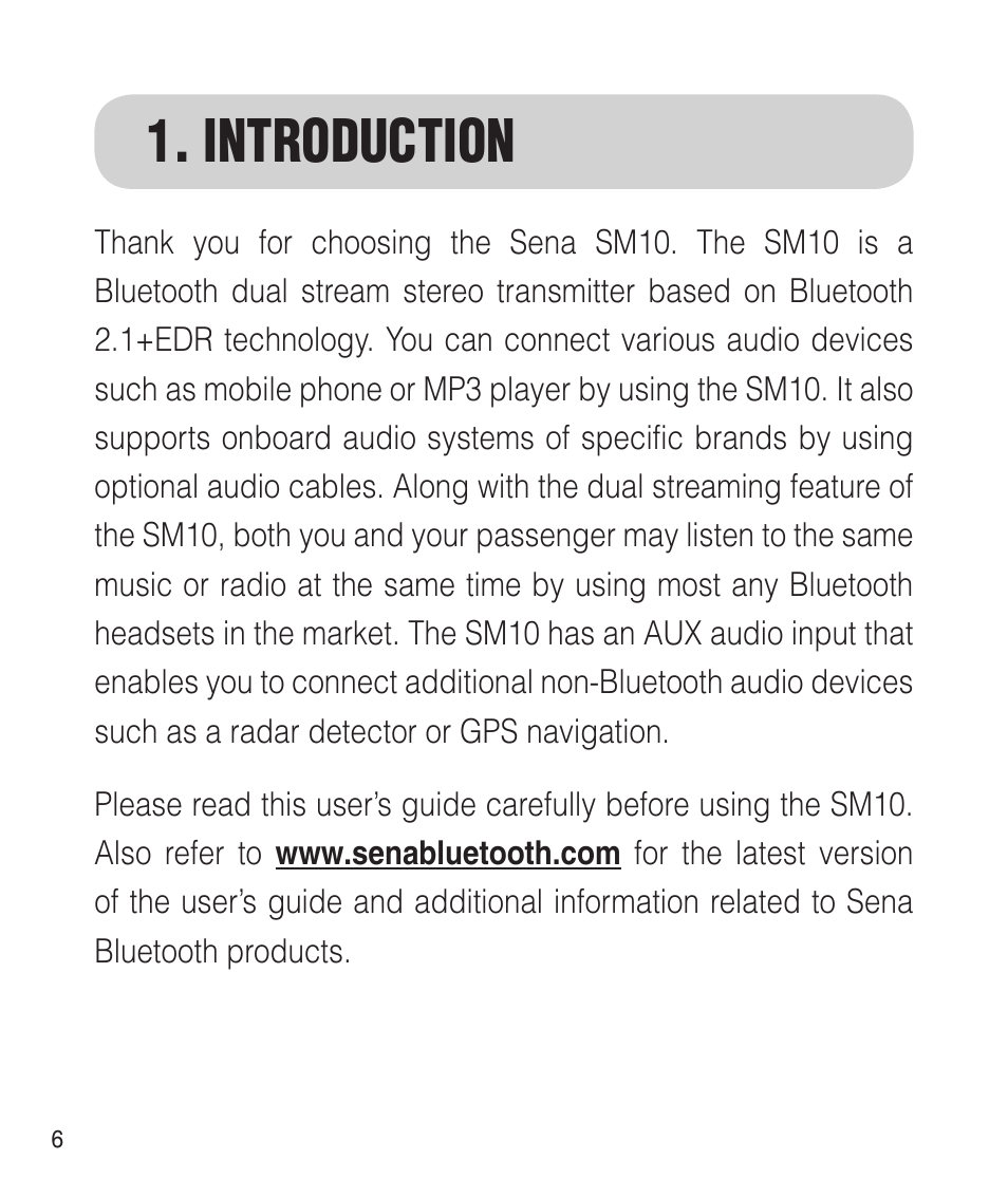 Introduction | Sena Bluetooth SM10 v1.1 User's Guide User Manual | Page 6 / 36