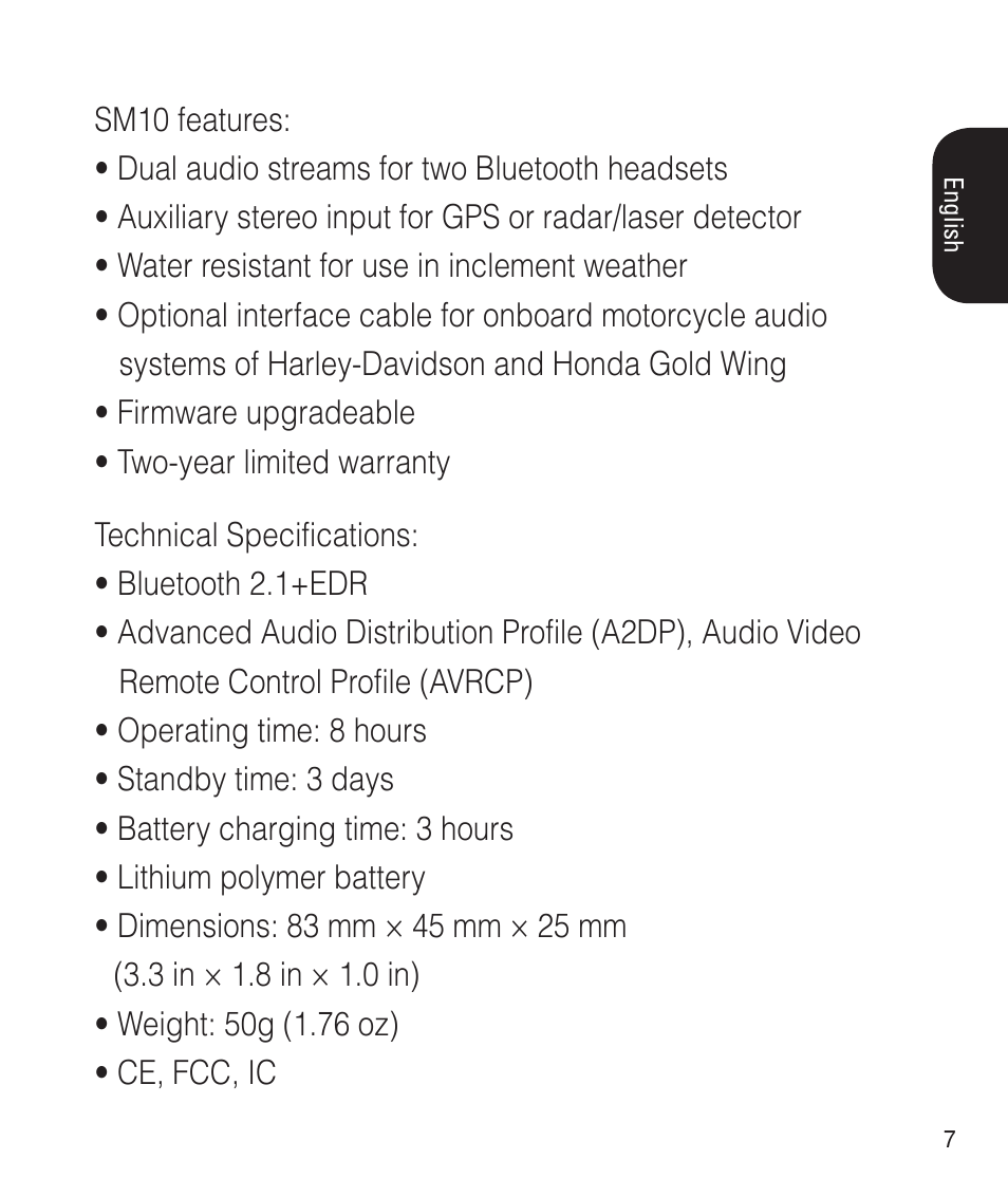 Sena Bluetooth SM10 v1.1 User's Guide User Manual | Page 7 / 36