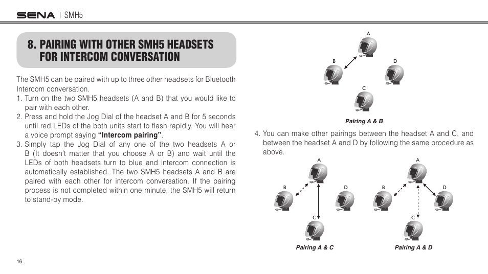 Pairing with other smh5 headsets for intercom, Conversation, Smh5 | Sena Bluetooth SMH5 v1.3 User's Guide User Manual | Page 15 / 34