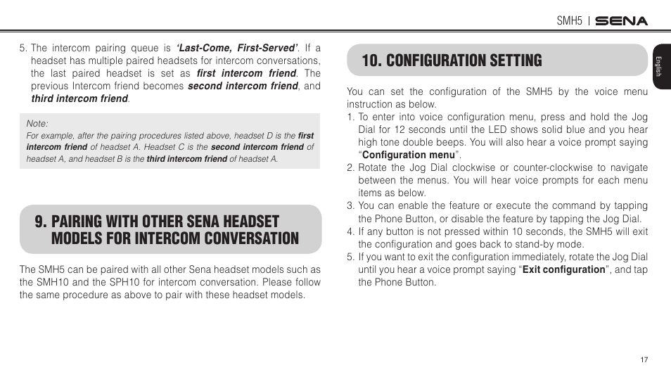 Conversation, Configuration setting | Sena Bluetooth SMH5 v1.3 User's Guide User Manual | Page 16 / 34