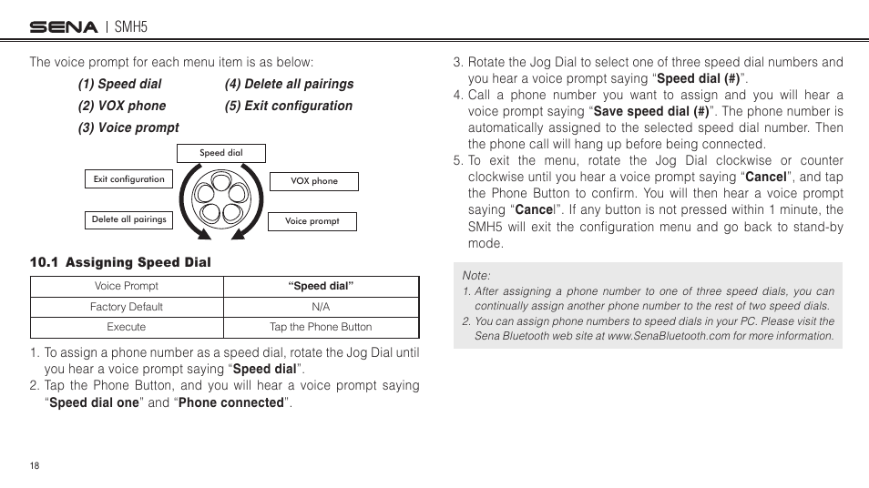 1 assigning speed dial | Sena Bluetooth SMH5 v1.3 User's Guide User Manual | Page 17 / 34