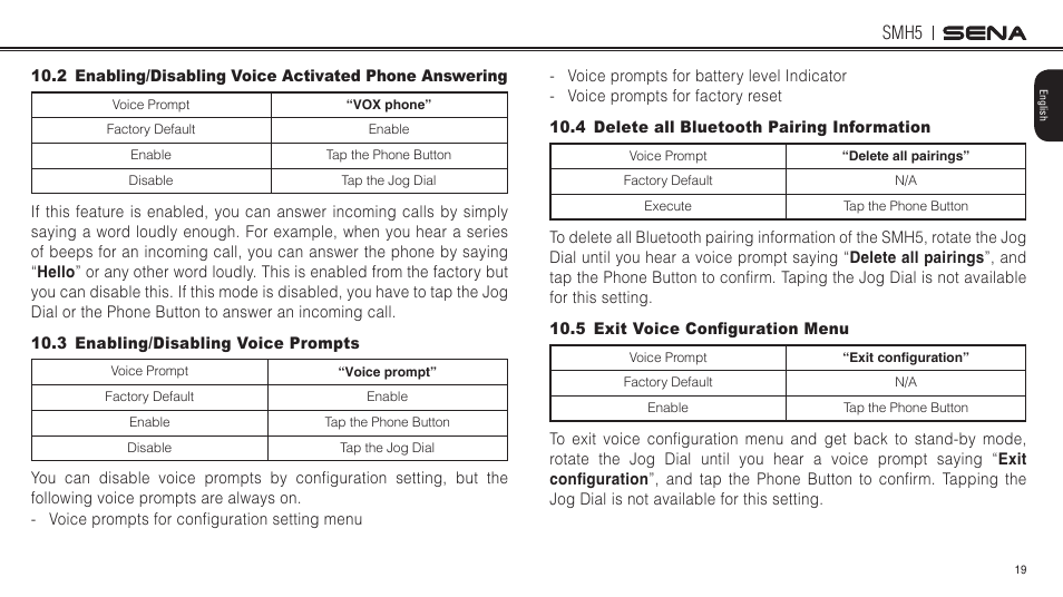 3 enabling/disabling voice prompts, 4 delete all bluetooth pairing information, 5 exit voice configuration menu | Smh5 | Sena Bluetooth SMH5 v1.3 User's Guide User Manual | Page 18 / 34
