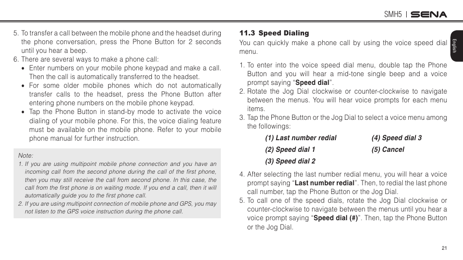 3 speed dialing | Sena Bluetooth SMH5 v1.3 User's Guide User Manual | Page 20 / 34