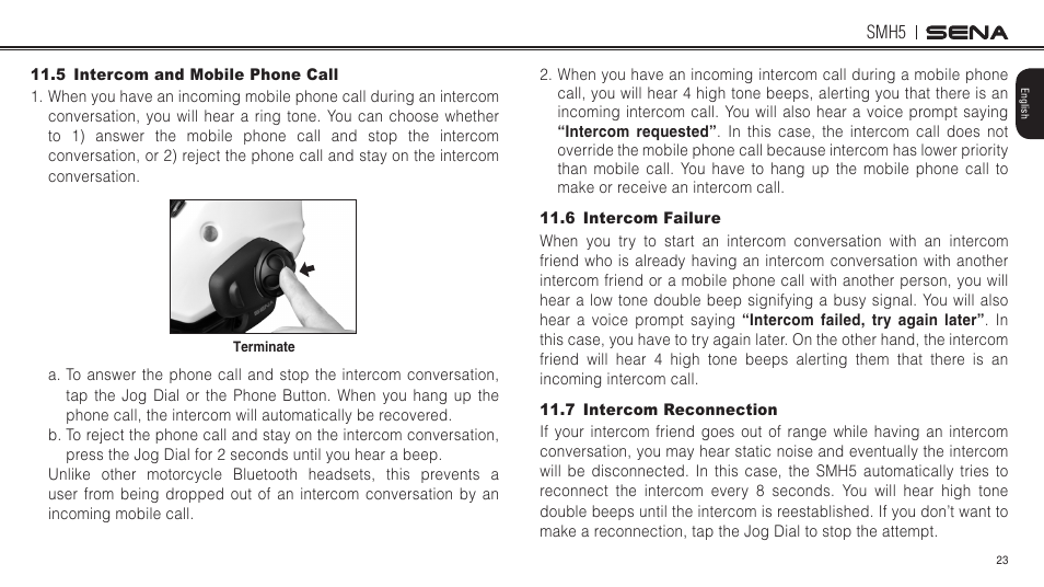 5 intercom and mobile phone call, 6 intercom failure, 7 intercom reconnection | Sena Bluetooth SMH5 v1.3 User's Guide User Manual | Page 22 / 34