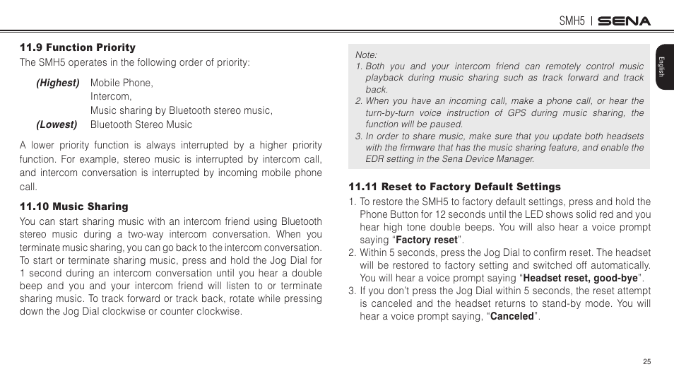 9 function priority, 10 music sharing, 11 reset to factory default settings | Sena Bluetooth SMH5 v1.3 User's Guide User Manual | Page 24 / 34