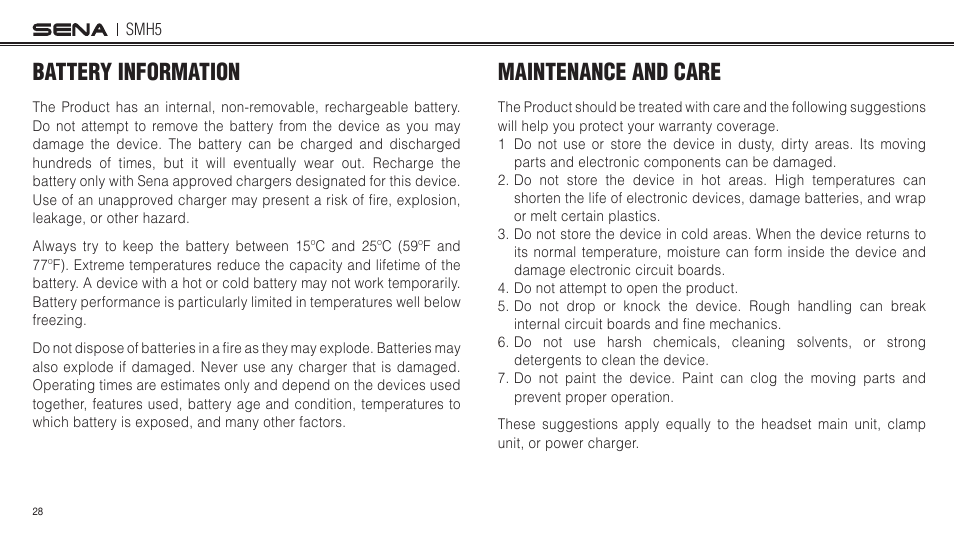 Battery information, Maintenance and care | Sena Bluetooth SMH5 v1.3 User's Guide User Manual | Page 27 / 34