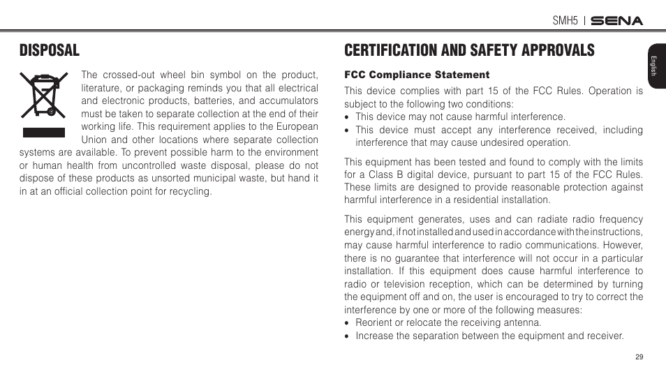 Disposal, Certification and safety approvals, Fcc compliance statement | Sena Bluetooth SMH5 v1.3 User's Guide User Manual | Page 28 / 34