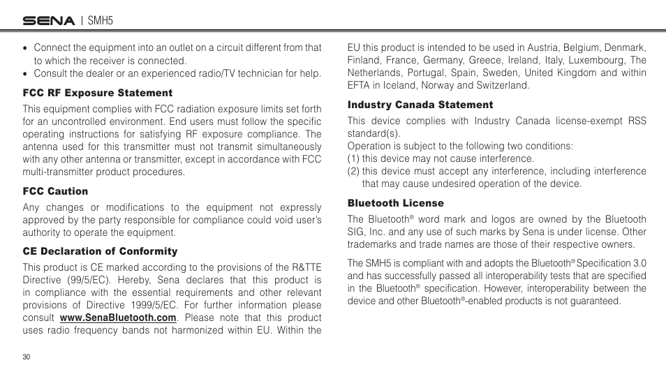 Fcc rf exposure statement, Fcc caution, Ce declaration of conformity | Industry canada statement, Bluetooth license | Sena Bluetooth SMH5 v1.3 User's Guide User Manual | Page 29 / 34