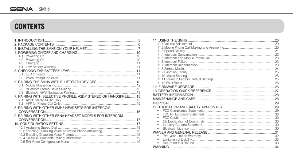 Sena Bluetooth SMH5 v1.3 User's Guide User Manual | Page 3 / 34