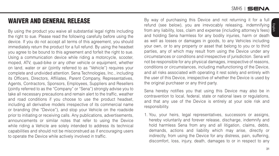 Waiver and general release | Sena Bluetooth SMH5 v1.3 User's Guide User Manual | Page 30 / 34