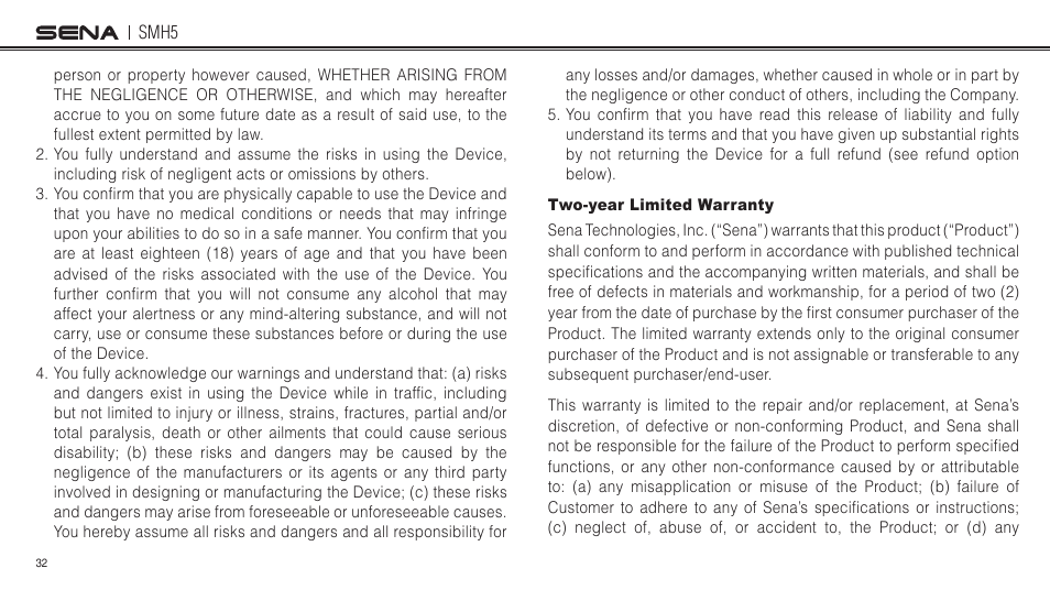 Two-year limited warranty | Sena Bluetooth SMH5 v1.3 User's Guide User Manual | Page 31 / 34