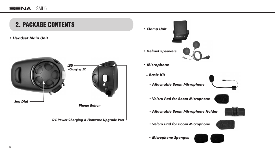 Package contents, Smh5 | Sena Bluetooth SMH5 v1.3 User's Guide User Manual | Page 5 / 34