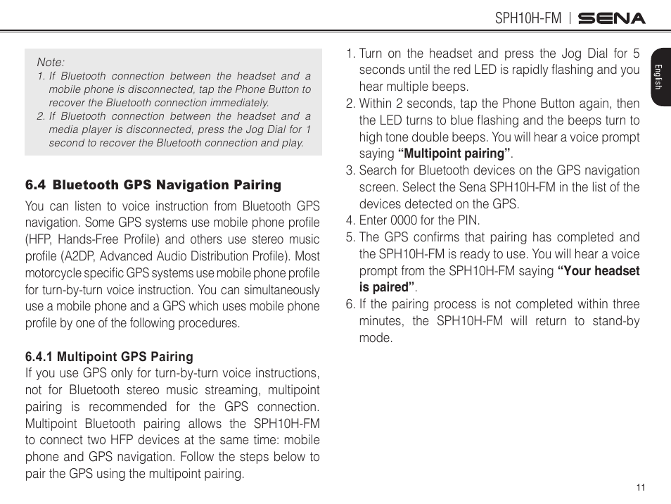 4 bluetooth gps navigation pairing, Sph10h-fm | Sena Bluetooth SPH10H-FM v4.3 User's Guide User Manual | Page 12 / 56