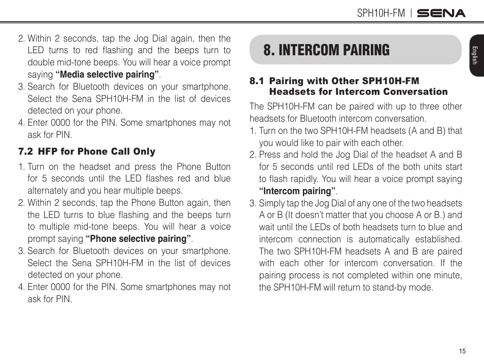 2 hfp for phone call only, Intercom pairing | Sena Bluetooth SPH10H-FM v4.3 User's Guide User Manual | Page 16 / 56