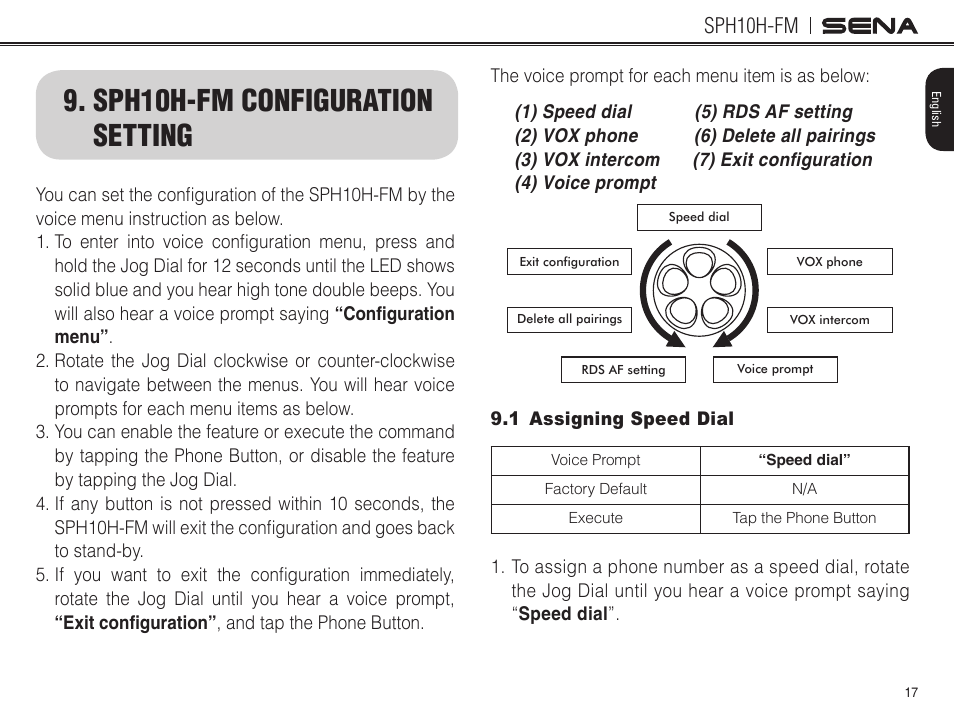 Sph10h-fm configuration setting, 1 assigning speed dial, Sph10h-fm | Sena Bluetooth SPH10H-FM v4.3 User's Guide User Manual | Page 18 / 56