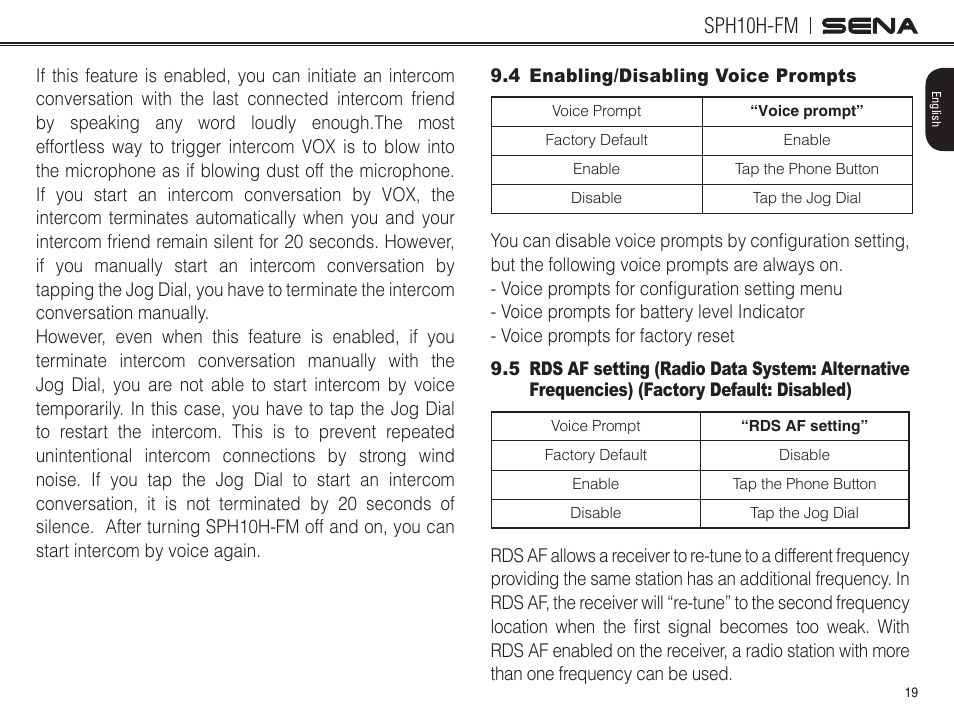 4 enabling/disabling voice prompts, Factory default: disabled), Sph10h-fm | Sena Bluetooth SPH10H-FM v4.3 User's Guide User Manual | Page 20 / 56