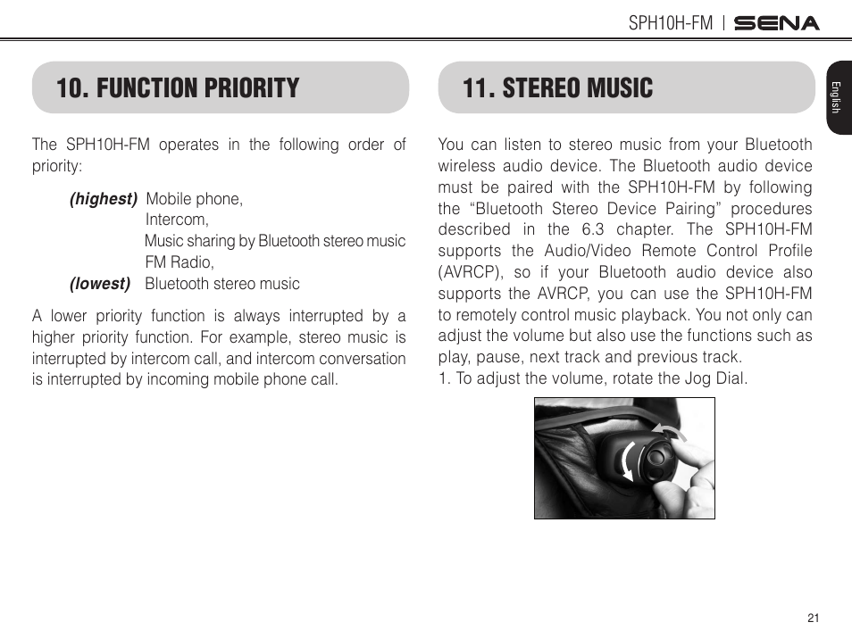 Function priority, Stereo music | Sena Bluetooth SPH10H-FM v4.3 User's Guide User Manual | Page 22 / 56