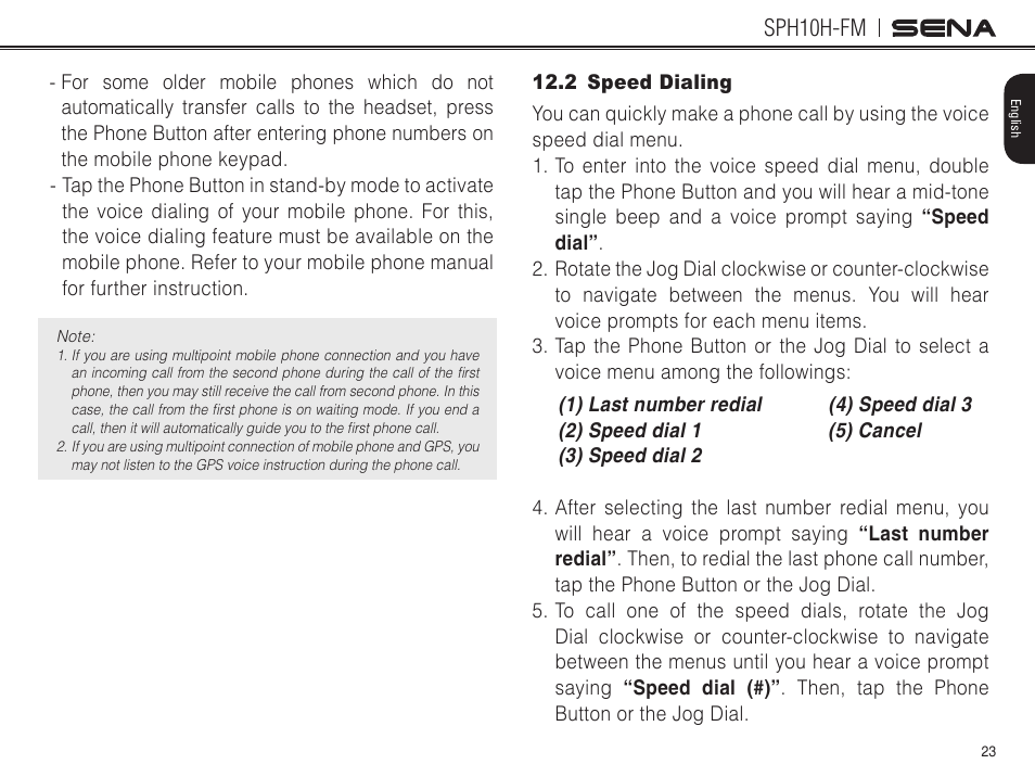 2 speed dialing, Sph10h-fm | Sena Bluetooth SPH10H-FM v4.3 User's Guide User Manual | Page 24 / 56
