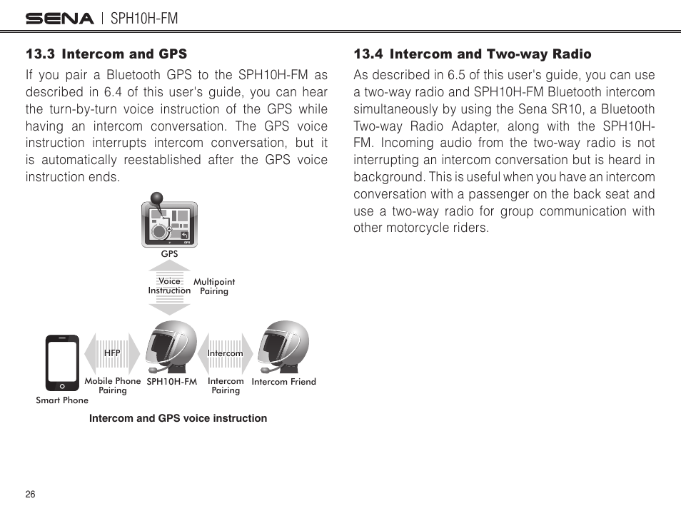 3 intercom and gps, 4 intercom and two-way radio, Sph10h-fm | Sena Bluetooth SPH10H-FM v4.3 User's Guide User Manual | Page 27 / 56