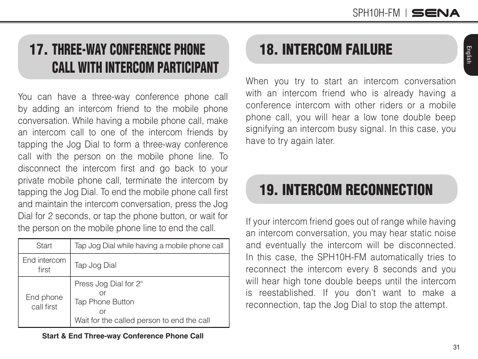 Intercom failure, Intercom reconnection | Sena Bluetooth SPH10H-FM v4.3 User's Guide User Manual | Page 32 / 56