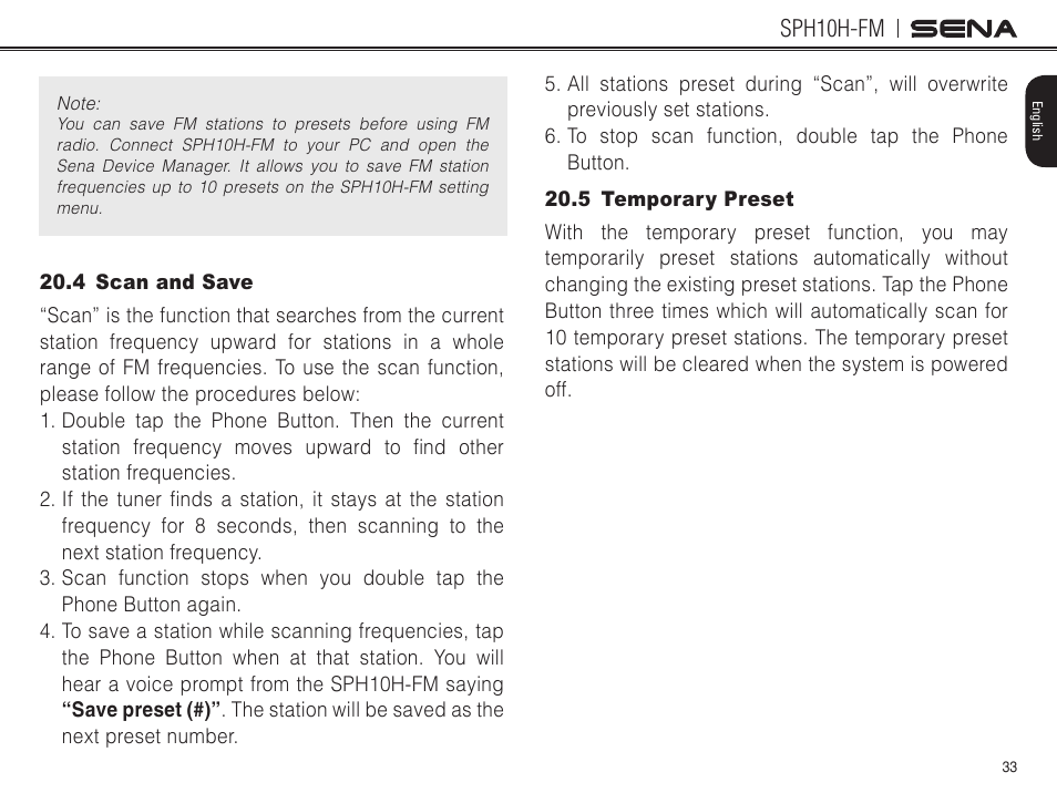 4 scan and save, 5 temporary preset, Sph10h-fm | Sena Bluetooth SPH10H-FM v4.3 User's Guide User Manual | Page 34 / 56