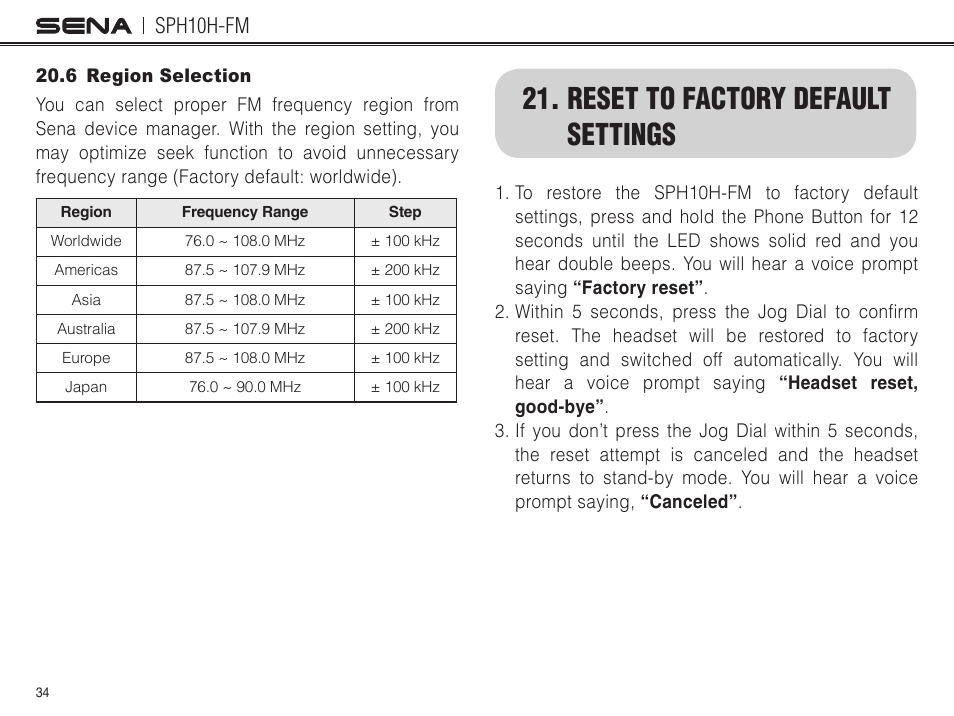 reset to factory default settings, 6 region selection, Reset to factory default settings | Sph10h-fm | Sena Bluetooth SPH10H-FM v4.3 User's Guide User Manual | Page 35 / 56