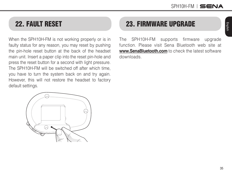 Fault reset, Firmware upgrade | Sena Bluetooth SPH10H-FM v4.3 User's Guide User Manual | Page 36 / 56