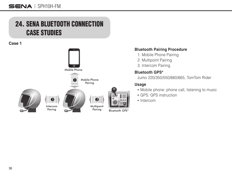 sena bluetooth connection case studies, Case 1, Sena bluetooth connection case studies | Sph10h-fm | Sena Bluetooth SPH10H-FM v4.3 User's Guide User Manual | Page 37 / 56