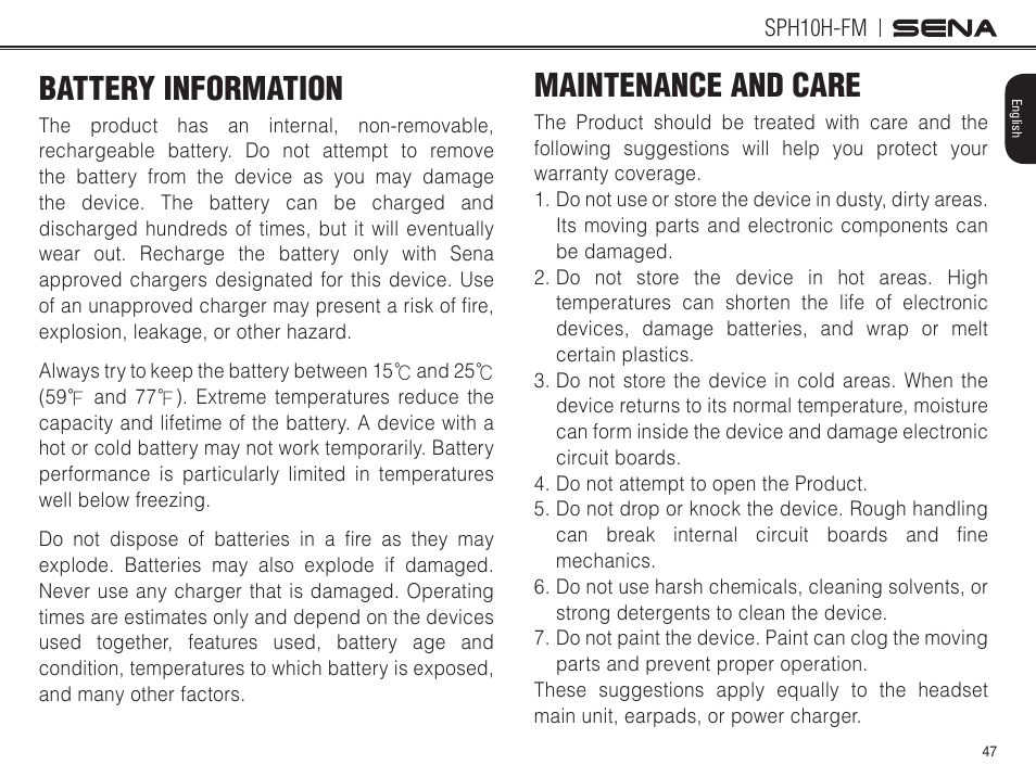Battery information, Maintenance and care | Sena Bluetooth SPH10H-FM v4.3 User's Guide User Manual | Page 48 / 56