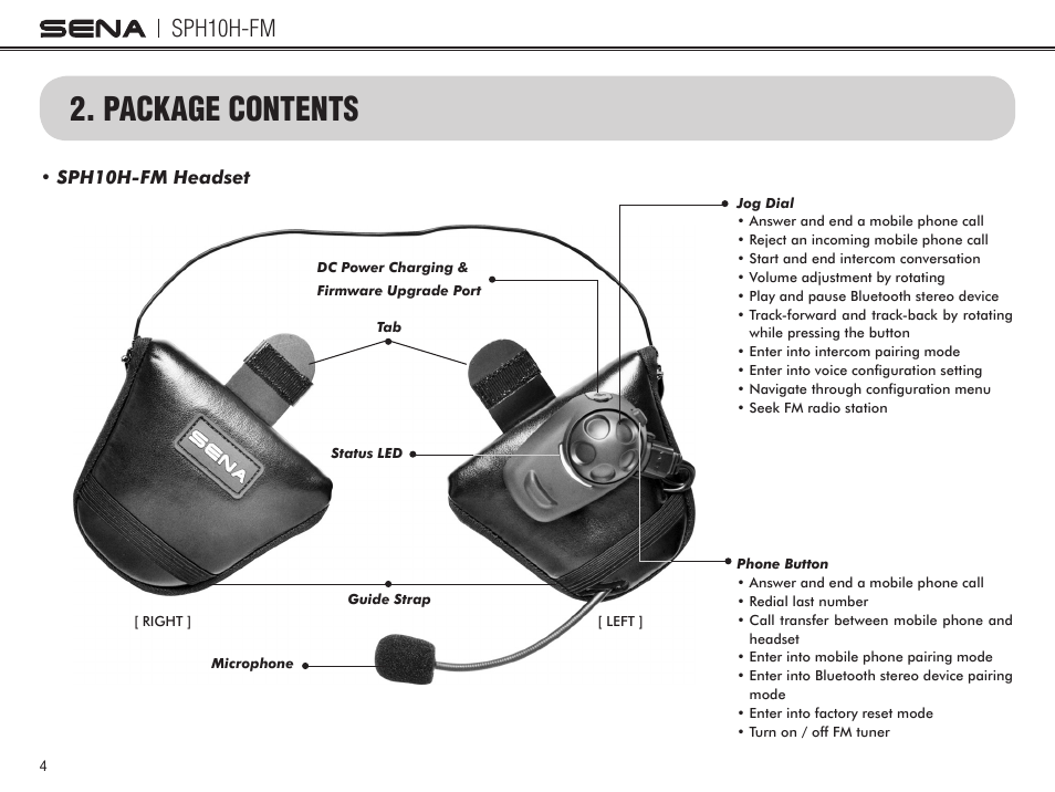 Package contents, Sph10h-fm | Sena Bluetooth SPH10H-FM v4.3 User's Guide User Manual | Page 5 / 56