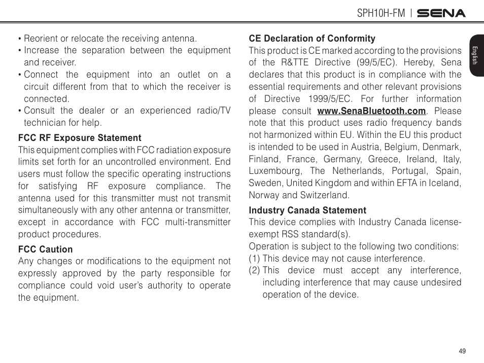 Fcc rf exposure statement, Fcc caution, Ce declaration of conformity | Industry canada statement | Sena Bluetooth SPH10H-FM v4.3 User's Guide User Manual | Page 50 / 56