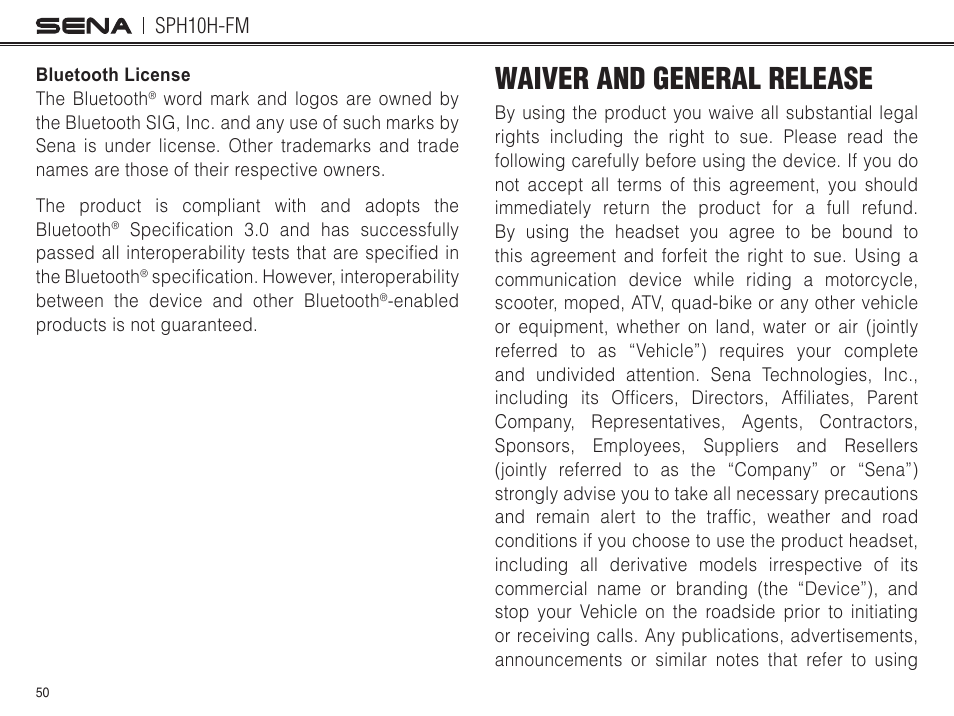 Bluetooth license, Waiver and general release, Sph10h-fm | Sena Bluetooth SPH10H-FM v4.3 User's Guide User Manual | Page 51 / 56
