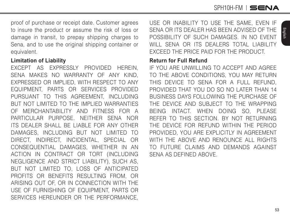 Limitation of liability, Return for full refund, Sph10h-fm | Sena Bluetooth SPH10H-FM v4.3 User's Guide User Manual | Page 54 / 56