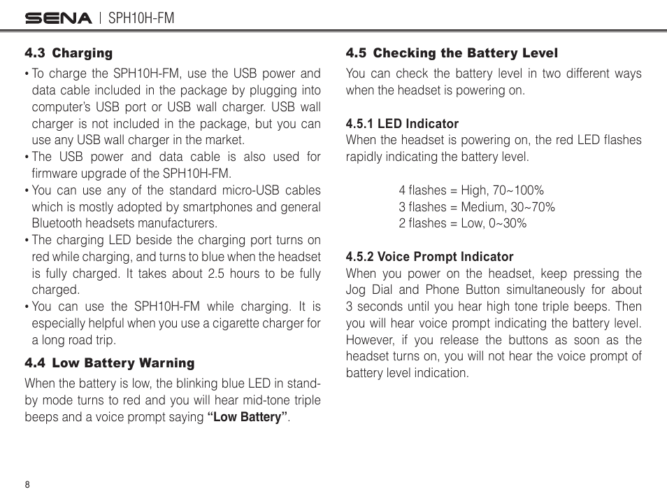 4 low battery warning, 5 checking the battery level | Sena Bluetooth SPH10H-FM v4.3 User's Guide User Manual | Page 9 / 56