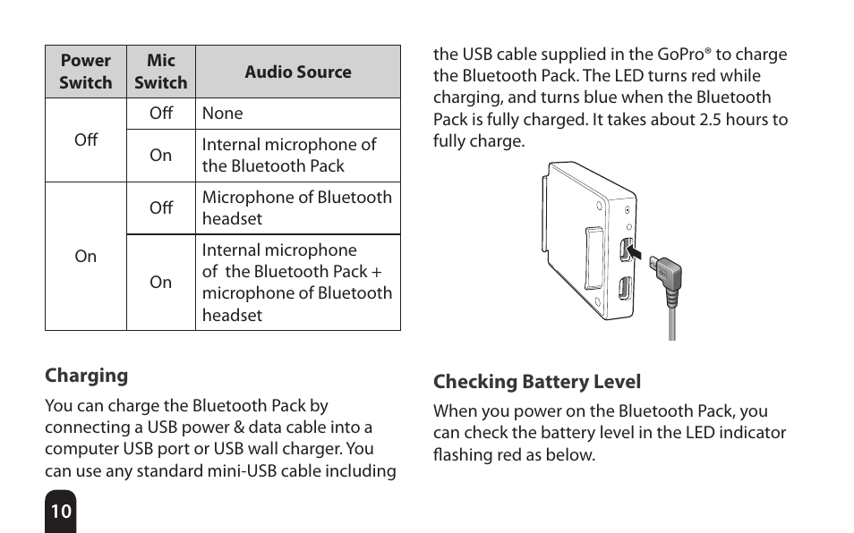 Charging, Checking battery level | Sena Bluetooth Bluetooth Audio Pack v1.0 User's Guide User Manual | Page 10 / 28