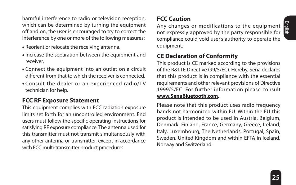 Fcc rf exposure statement, Fcc caution, Ce declaration of conformity | Sena Bluetooth Bluetooth Audio Pack v1.0 User's Guide User Manual | Page 25 / 28