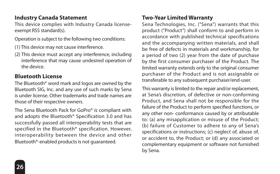 Industry canada statement, Bluetooth license, Two-year limited warranty | Sena Bluetooth Bluetooth Audio Pack v1.0 User's Guide User Manual | Page 26 / 28