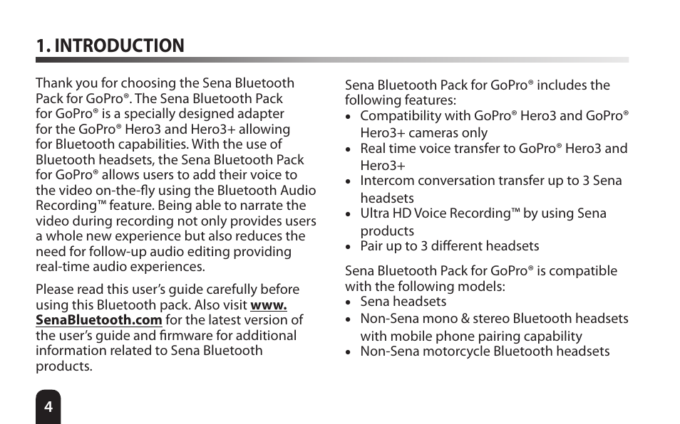 Introduction | Sena Bluetooth Bluetooth Audio Pack v1.0 User's Guide User Manual | Page 4 / 28