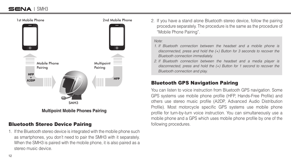 Bluetooth stereo device pairing, Bluetooth gps navigation pairing, Smh3 | Sena Bluetooth SMH3 1.0 User's Guide User Manual | Page 12 / 27