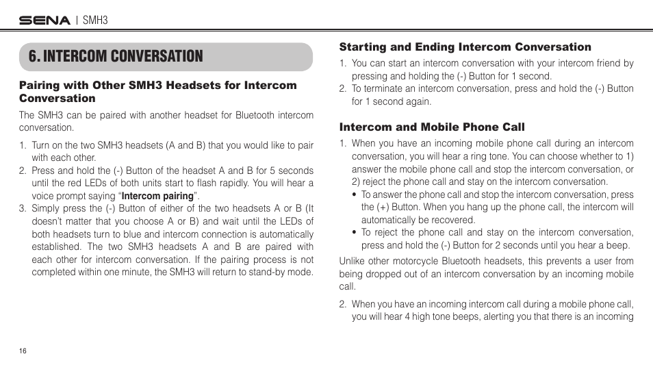 Intercom conversation, Starting and ending intercom conversation, Intercom and mobile phone call | Sena Bluetooth SMH3 1.0 User's Guide User Manual | Page 16 / 27