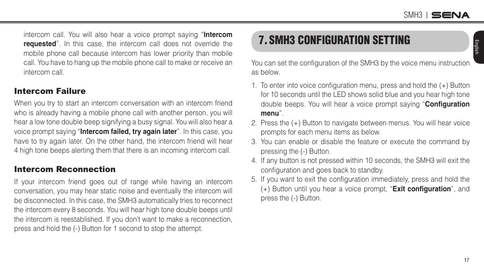 Intercom failure, Intercom reconnection, Smh3 configuration setting | Sena Bluetooth SMH3 1.0 User's Guide User Manual | Page 17 / 27